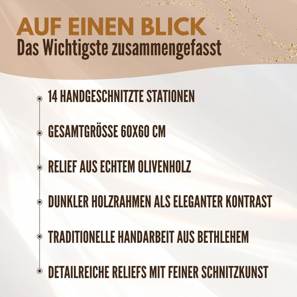 Kreuzweg mit 14 Stationen aus Olivenholz - Handgeschnitztes Komplett-Set aus Bethlehem