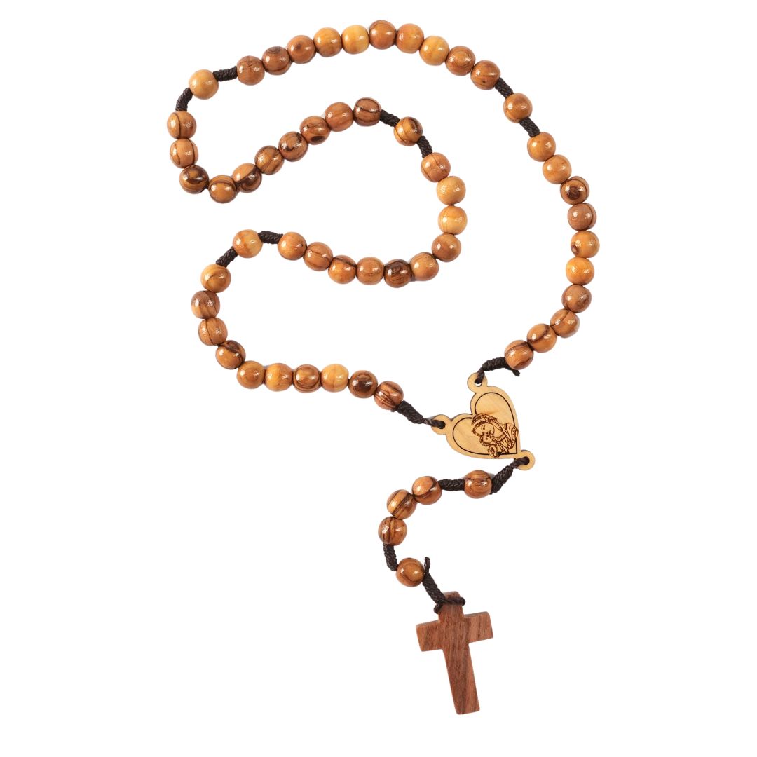Rosary with heart and Mary made of olive wood