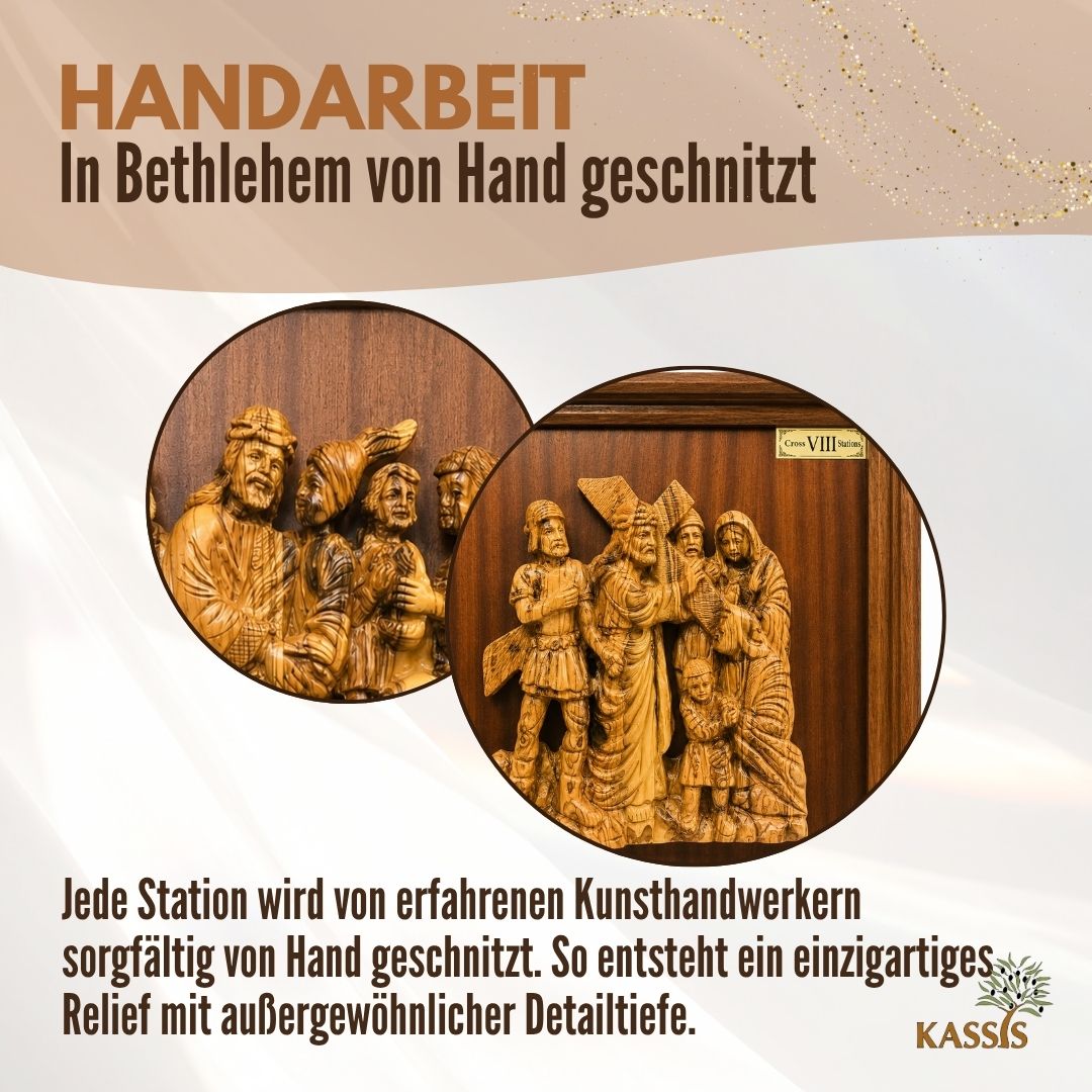 Kreuzweg mit 14 Stationen aus Olivenholz - Handgeschnitztes Komplett-Set aus Bethlehem