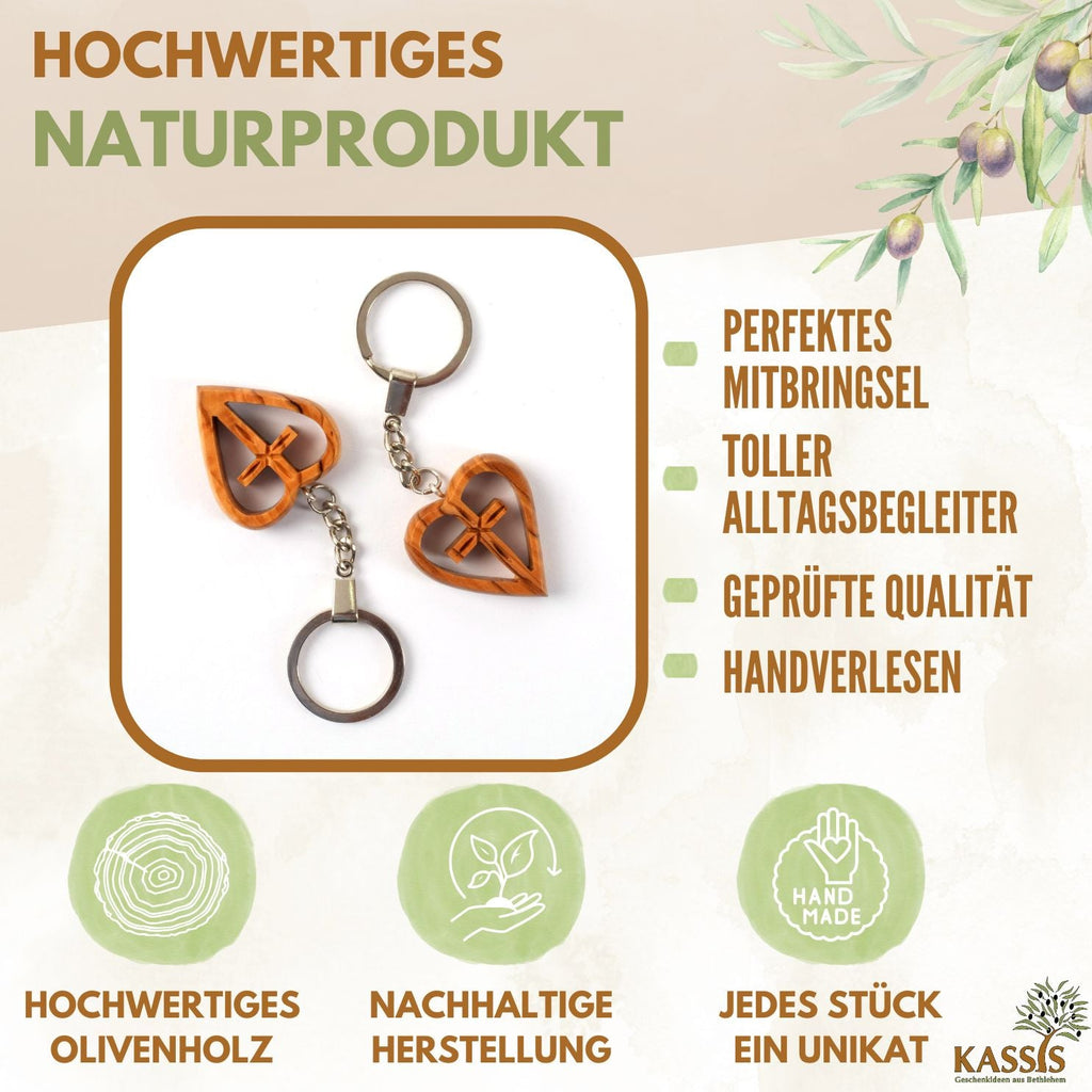 Schlüsselanhänger Kreuz im Herz aus Olivenholz | Liebevoller Glücksbringer als Geschenk zur Taufe, Kommunion & Geburtstag
