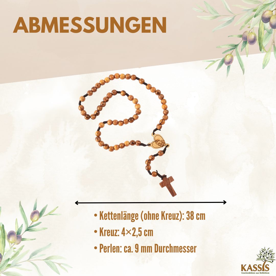 Rosary with heart and Mary made of olive wood