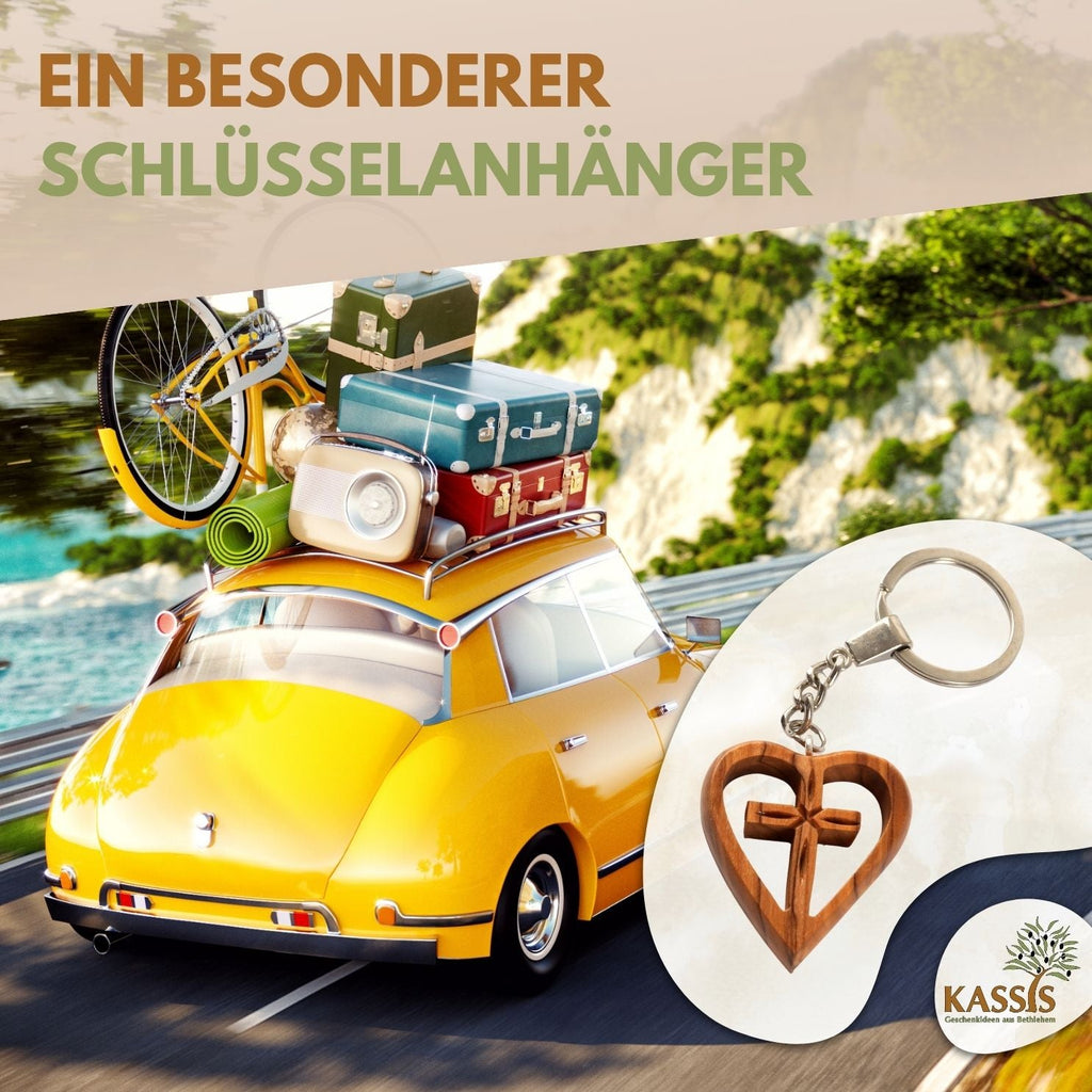 Schlüsselanhänger Kreuz im Herz aus Olivenholz | Liebevoller Glücksbringer als Geschenk zur Taufe, Kommunion & Geburtstag