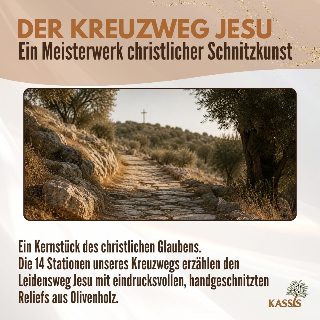Kreuzweg mit 14 Stationen aus Olivenholz - Handgeschnitztes Komplett-Set aus Bethlehem