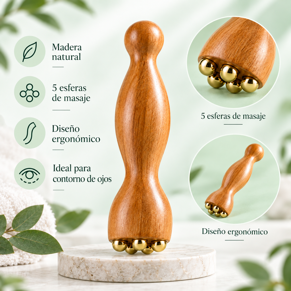 Masajeador de Madera Premium para Contorno de Ojos.